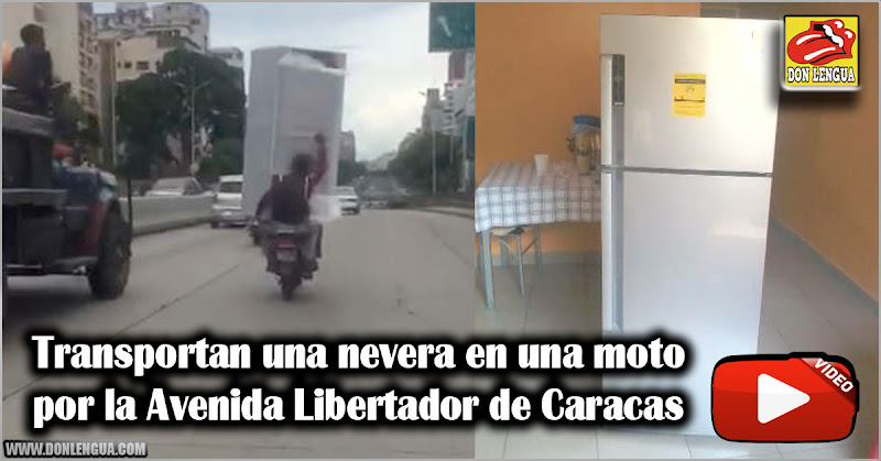 Transportan una nevera en una moto por la Avenida Libertador de Caracas