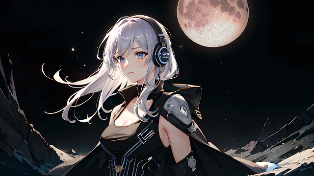 beautiful anime girl with white hair and blue eyes, wearing headphones, and gazing up at the moon.