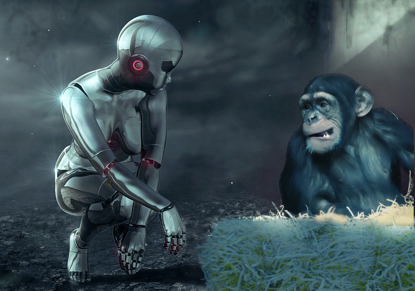 Imagen surealista de un simpático chimpancé hablando con un hombre máquina.