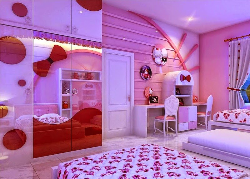 Gambar desain kamar tidur wallpaper hello kitty untuk anak perempuan minimalis modern