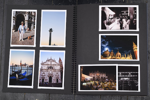 Opening pages of the Venice Album - Day One, featuring photos of gondolas, The Lion of Venice, Chiesa di San Moisè and Piazza San Marco.