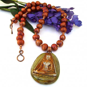 rustic buddha pendant necklace with copper orange pearls