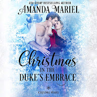 Christmas in the Duke's Embrace audiobook cover. A bare-chested man in an unbuttoned white shirt caresses a woman in a red dress against a snowy blue backdrop.