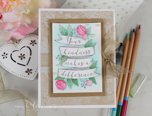 The soft tones of the watercolored image shine in this handmade card, thanks to the soft, kraft hued, background.  Created using Fun Stampers Journey Color Splash pencils, and the Your Kindness stamp (available as an exclusive bonus - a Bloom Benefit - for orders of $75 or more)