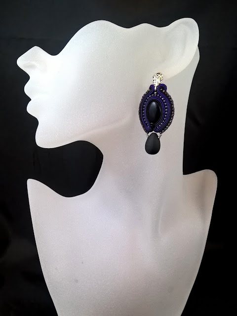 statement soutache earrings violet black stone original dark noir gothic