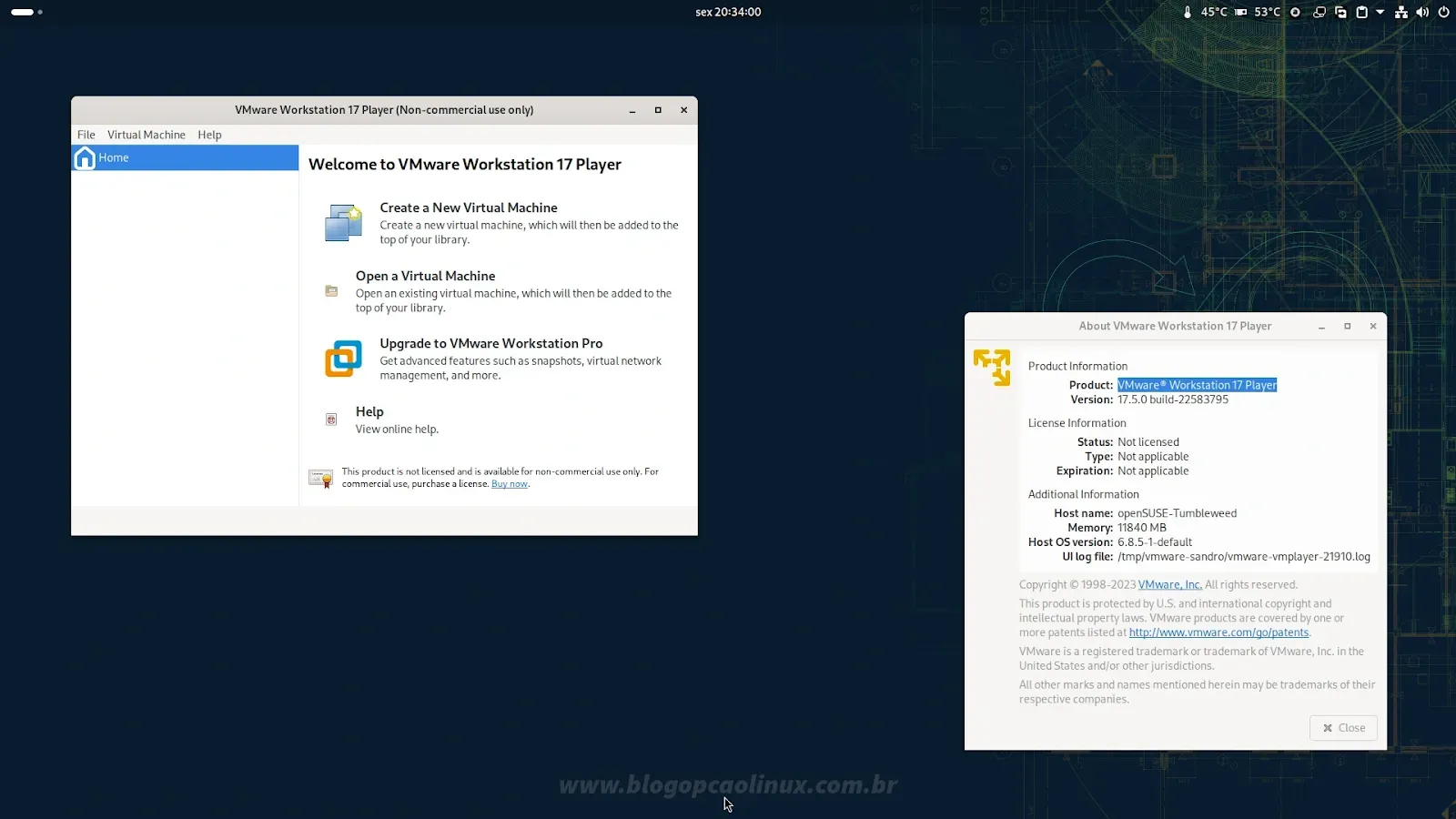 VMware Workstation Player executando no openSUSE Tumbleweed, com o ambiente de área de trabalho GNOME Shell