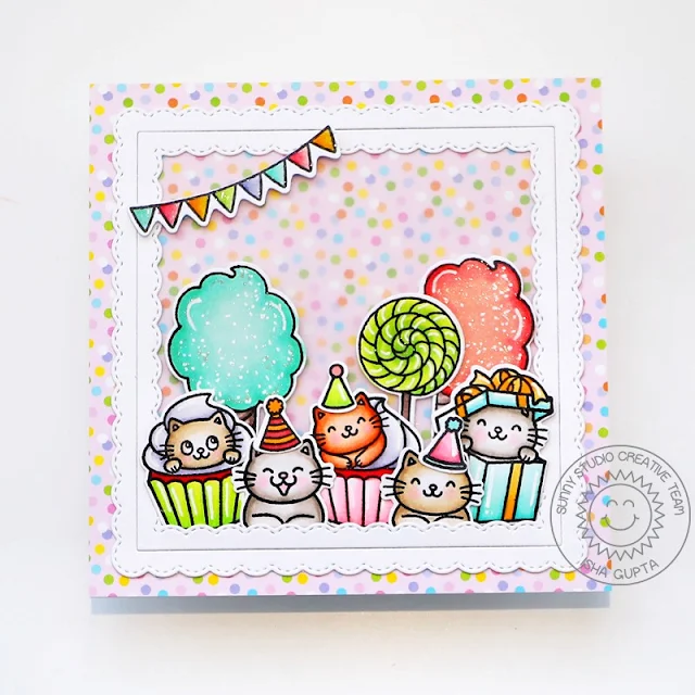 Sunny Studio Stamps: Birthday Cat Birthday Card by Isha Gupta (featuring Candy Shoppe, Fancy Frame Dies)