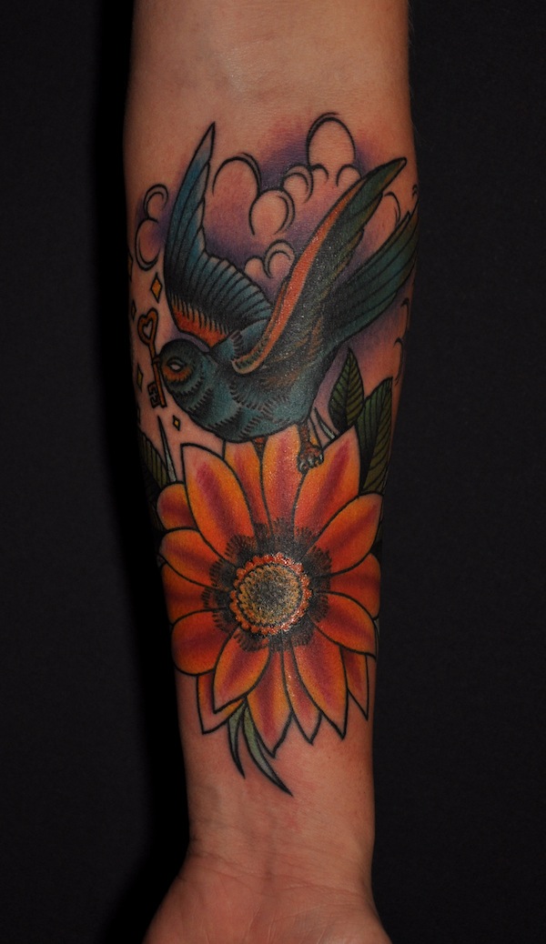 Tagged arm tattoos bird complete flowers old school