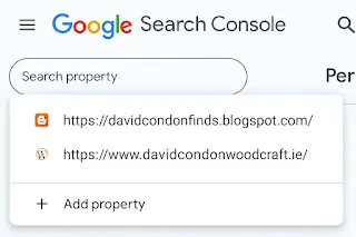 box that is displayed on google search console showing existing properties and the add property link