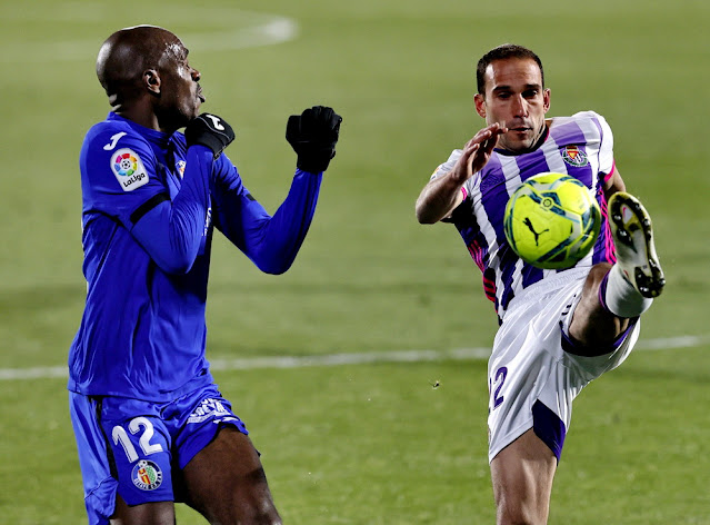 Nyom y Nacho. GETAFE C. F 0 REAL VALLADOLID 1. 02/01/2021. Campeonato de Liga de 1ª División, jornada 17. Getafe, Madrid, estadio Coliseum Alfonso Pérez. GOLES: 0-1: 37’, Weissman