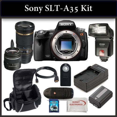 Sony SLT-A35 Digital Camera Kit Includes: Sony SLT-A35 Camera, Tamron Telephoto SP AF 180mm f/3.5 Di LD IF Macro Autofocus Lens, Sony SAL-1855 18-55mm f/3.5-5.6 DT AF Zoom Lens, Bower SFD328 Digital Slave Flash, Extended Life Battery, Rapid Travel Charger, HDMI Cable, 16GB SDHC Memory Card, Memory Card Reader, Wireless Remote, Soft Carrying Case and SSE Microfiber Cleaning Cloth.