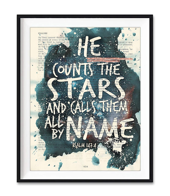 He Counts the Stars and Calls Them All By Name, Psalm 147:4, Christian Unframed Reproduction Art Print, Vintage Bible Verse Scripture Wall and Home Decor