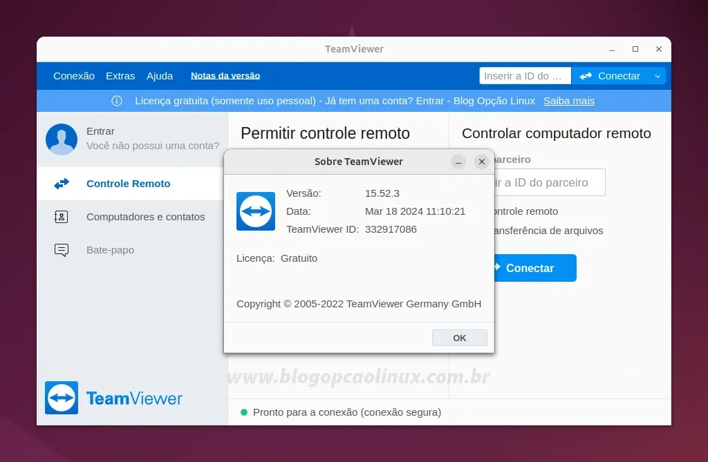 TeamViewer executando no Ubuntu 24.04 LTS (Noble Numbat)