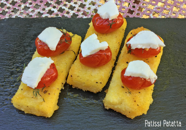 recette de polenta tomate mozzarella, polenta tomates cerises, polenta en canapé, polenta tomates de Gordon Ramsay, recette de Gordon Ramsay, tomate, mozzarella version polenta, apéritif dinatoire, entrée, polenta au parmesan