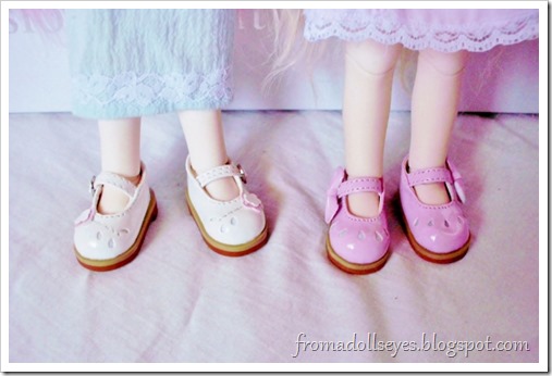 A close up of two pairs of cute yosd sized doll shoes worn by their bjd owners.  Both are super cute and were bought on sale and qualified for free shipping.