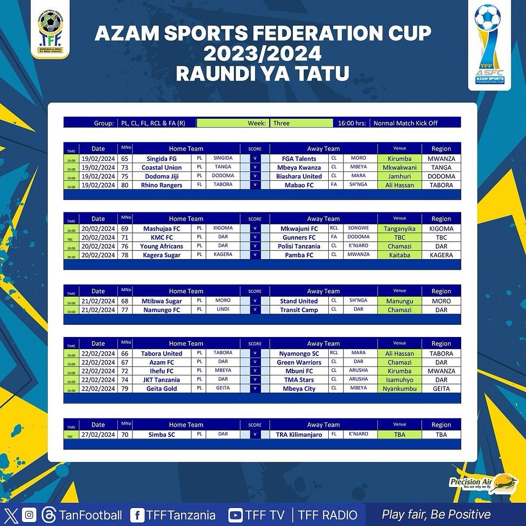 Ratiba ya Azam Sports Federation Cup (ASFC) 2023/2024 - Raundi ya 3