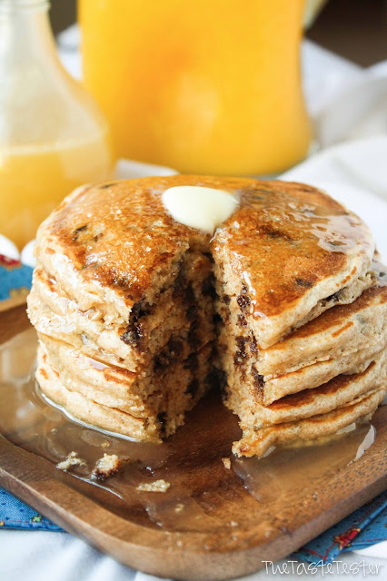 Whole Wheat Pancakes with Mini Chocolate Chips! #recipe | www.the-taste-tester.com