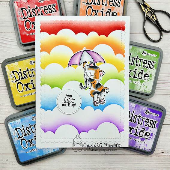 You lift me up by Crystal features Newton's Umbrella, Clouds, Circle Frames, and A7 Frames & Banners by Newton's Nook Designs; #inkypaws, #newtonsnook, #catcards, #rainbowcards, #cardmaking, #cardchallenge