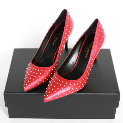 saint laurent pointed toe red studded pumps