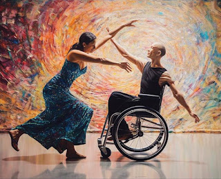 AI Art sample of 2 people dancing, one in wheelchair and the other not.