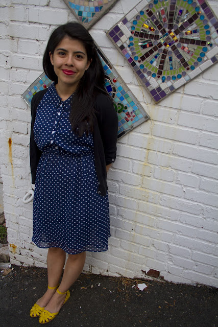 polka dot dress, yellow shoes, neon accessories