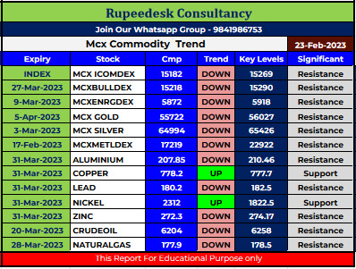 Mcx Commodity Intraday Trend Rupeedesk Reports - 23.02.2023