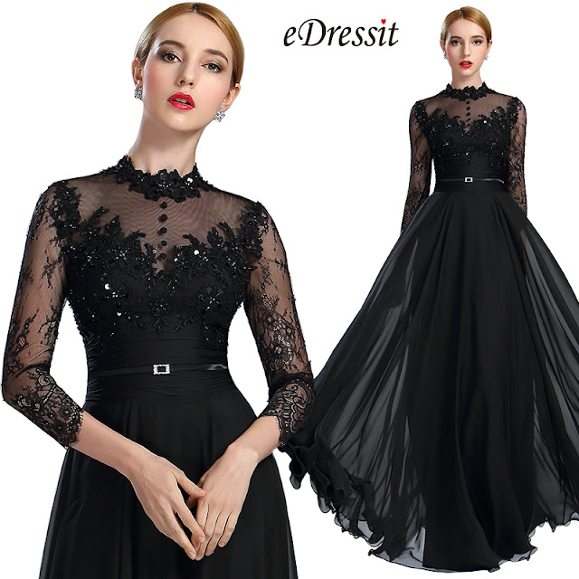 eDressit Long Sleeves Black Lace Beaded Prom Dress 