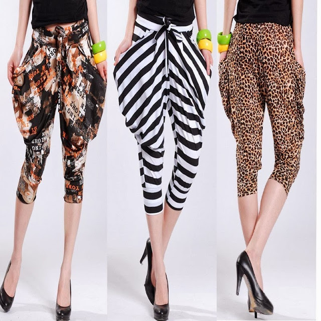 Casual leopard print stripe harem pants knee length trousers