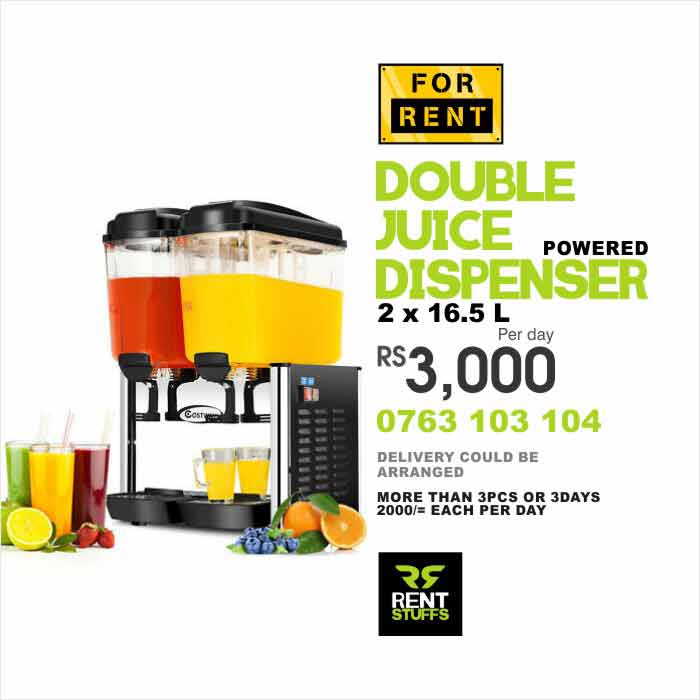 Double Juice Dispenser for Rent  2 X 16L Dispensers  Temperature : -2/+12 Degree Celsius  Rent per day 3000/=  Gentle stirring paddle to maintain the quality of the beverage-avoiding both frothing and oxidization  Spacial rate for more than 3 days. Free delivery in and around Colombo area.  Call/SMS 0763 103 104 https://www.facebook.com/rentstuffs/  #juicedispenser #rent #rentstuffs #dispenser