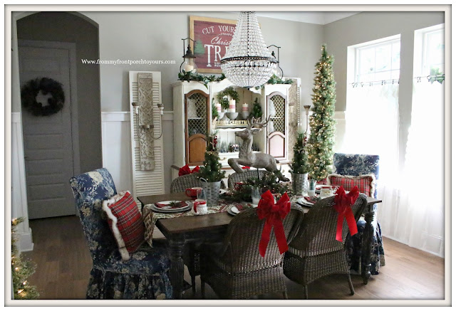 French Country Farmhouse Christmas Dining Room-Pencil Tree- Parson Chairs-Plais Pillows-From My Front Porch To Yours