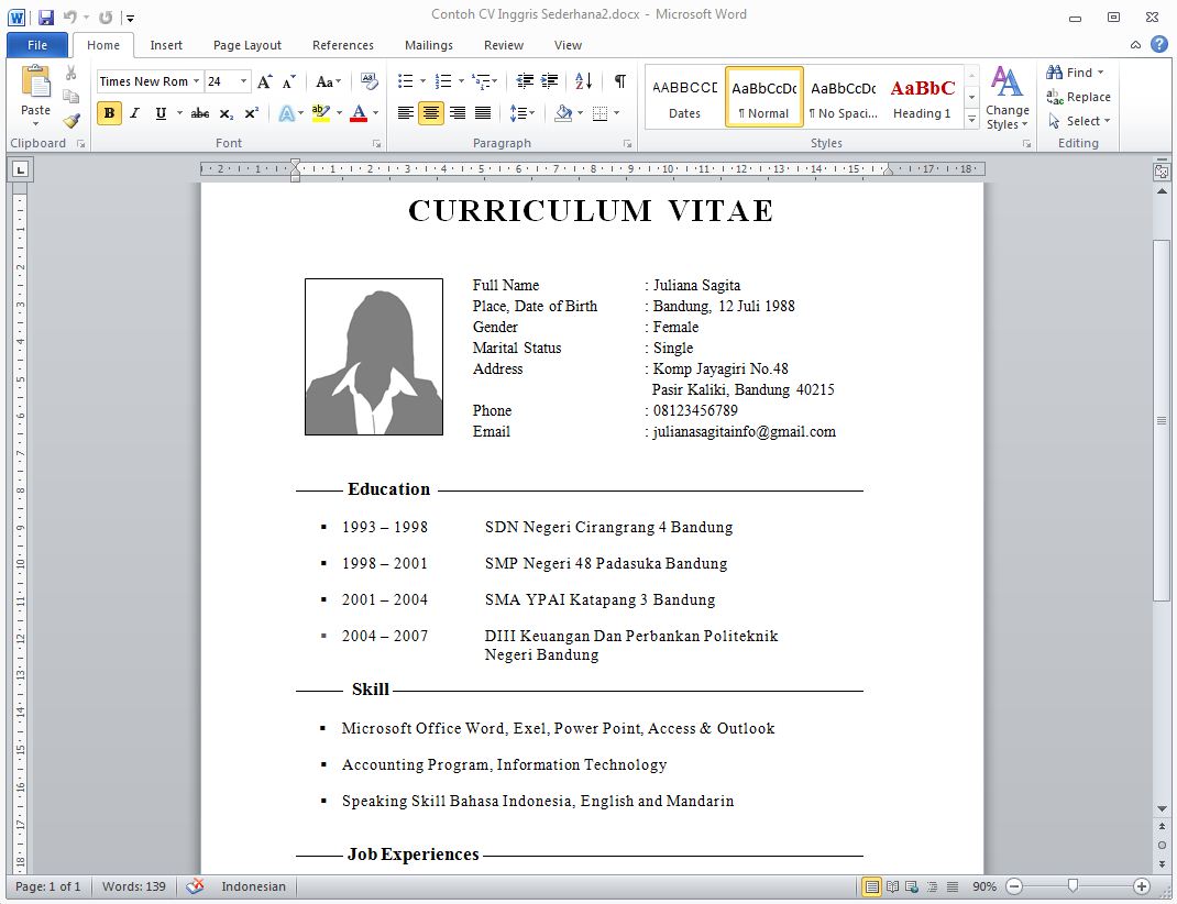 Contoh Cv Dalam Bahasa Inggris Segala Hobi.Resume For Job 