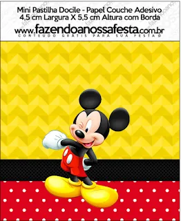 Mickey en Fondo Amarillo con Zigzags y Rojo con Lunares: Etiquetas para Candy Bar para Imprimir Gratis.