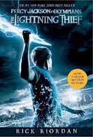 The Lightening Thief book cover shows Percy Jackson fighting at the seaside. 