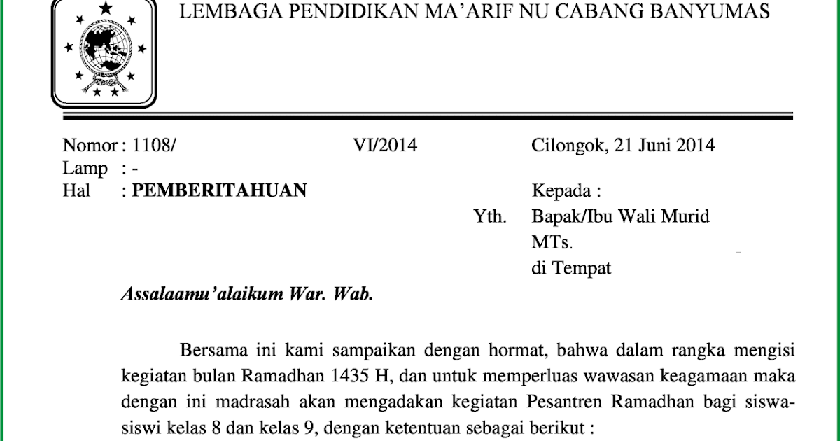 Surat Pemberitahuan Pesantren Kilat/Ramadhan 1435 H 