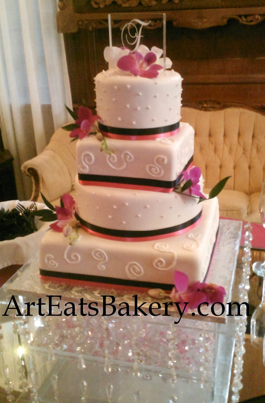monogram wedding cake toppers Four tier round and square fondant wedding cake with edible pearls 