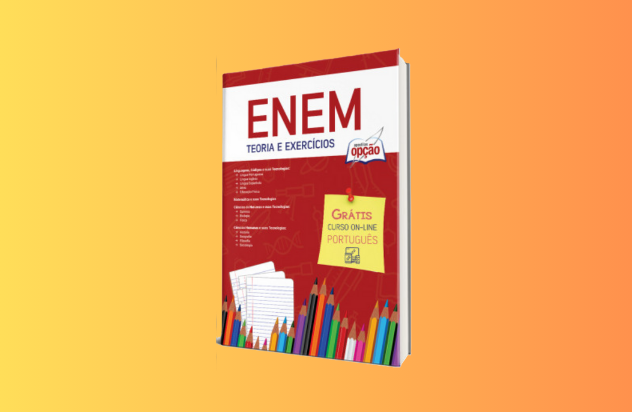 Imagem com fundo amarelo contendo uma Apostila do ENEM - Livro Impresso. Teoria e Exercícios, da apostila opção.