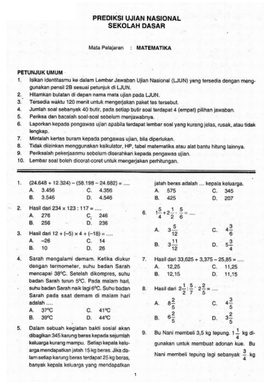 Kumpulan Soal Sd Prediksi Un Us Matematika Kelas 6 Sd Uas 2 Dan