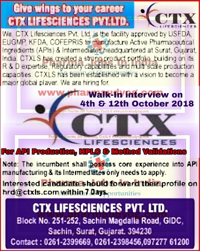 CTX lifesciences | Walk-In for Multiple Positions | 4th & 12th October 2018 | Surat