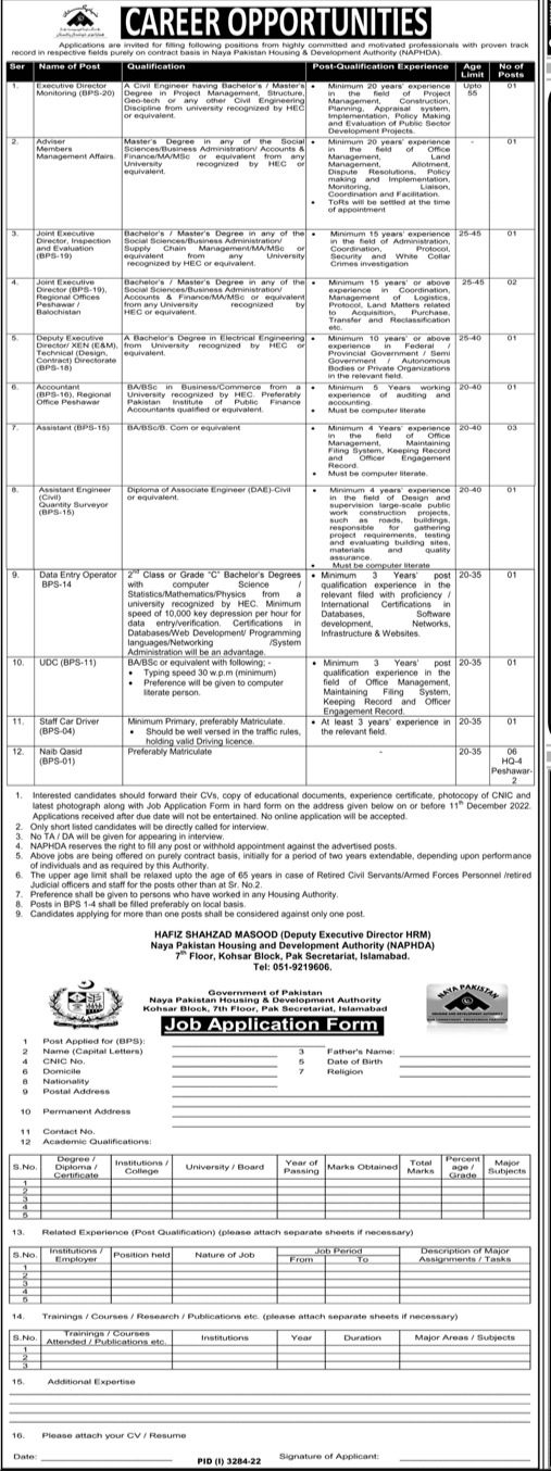 Naya Pakistan Housing And Development Authority Jobs Islamabad 