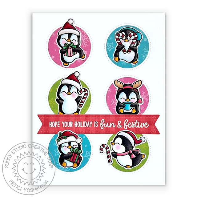 Sunny Studio Grid Style Christmas Card (using Penguin Party Stamps, Joyful Holiday Paper, Slimline Pennant Dies & Window Trio Circle Dies)
