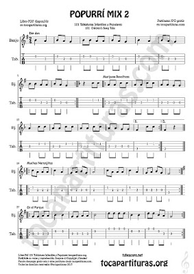  Mix 2 Tablatura y Partitura de Banjo Popurrí Mix 2 Din Don, Mariposa Revoltosa, Muchas Naranjitas Tablature Sheet Music for Banjo Music Score Tabs