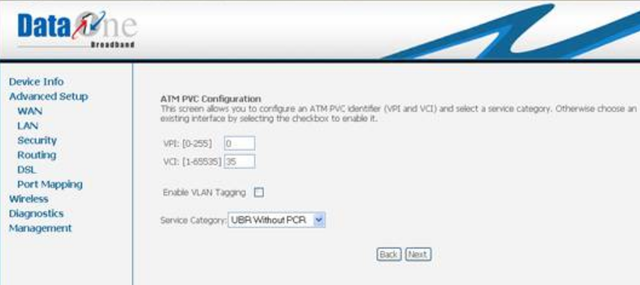 Enter VCI and VPI