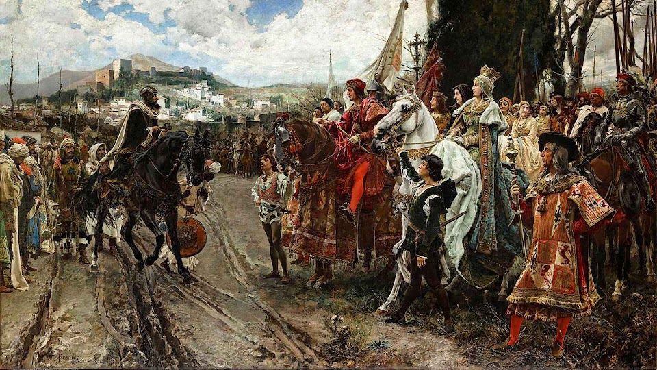 O rei muçulmano Boabdil entrega as chaves de Granada à rainha e ao rei Fernando de Aragão, seu esposo. Francisco Pradilla y Ortiz (1848–1921).