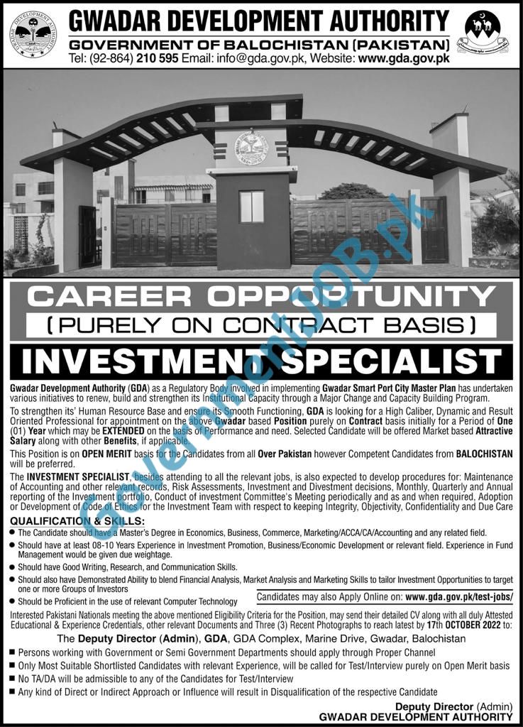 Gwadar Development Authority (GDA) Jobs October 2022 – Investment Specialist