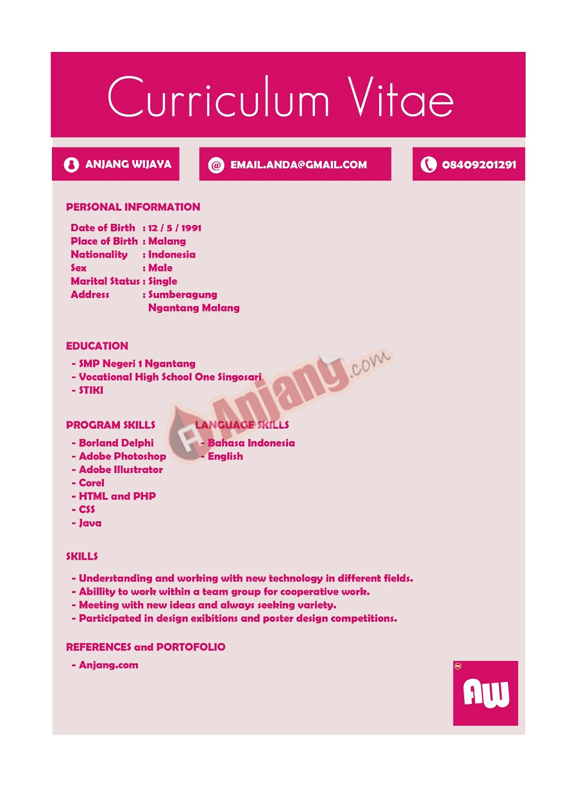 Contoh Desain Curriculum Vitae Bahasa Inggris - Anjang-Note