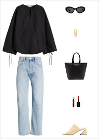 Cool Denim Outfit Idea for Summer Under $50 HM Minimalist Black Top With Wide Sleeves, AGOLDE 90s Straight Leg Jeans, Dragon Diffusion Tote Bag, Jill Sander Mule Sandals, Maria Black Earring, Chimi Sunglasses, and Make Beauty