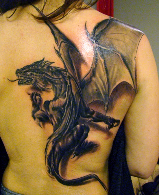 Amazing 3D dragon back tattoo!