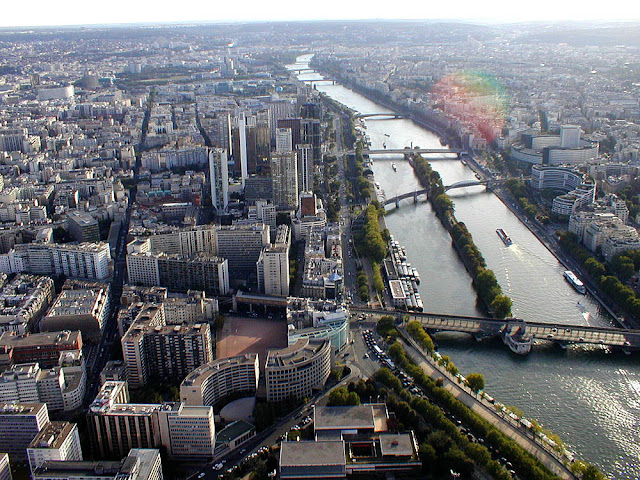 View down the Seine and Ile des Cygnes from the Eiffel Tower, Paris. Photo by Loire Valley Time Travel.