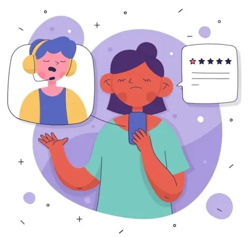 상담사의 불친절함에 불편해하는 여성 일러스트