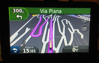 GPS screen of San Marino's Via Piana which means "Flat Street"  in San Marino, Italy